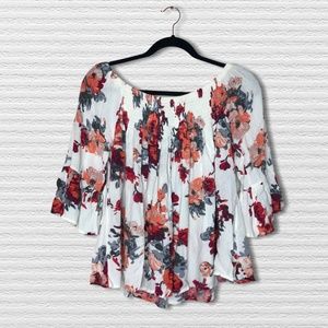 Altar'd State Floral Ruched Linen Off Shoulder Blouse Small